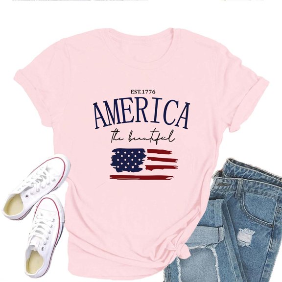 Women's T-Shirt American Flag Tee America The Beautiful EST. 1776 Design T-Shirt Soft Cotton Casual Short Sleeve Top