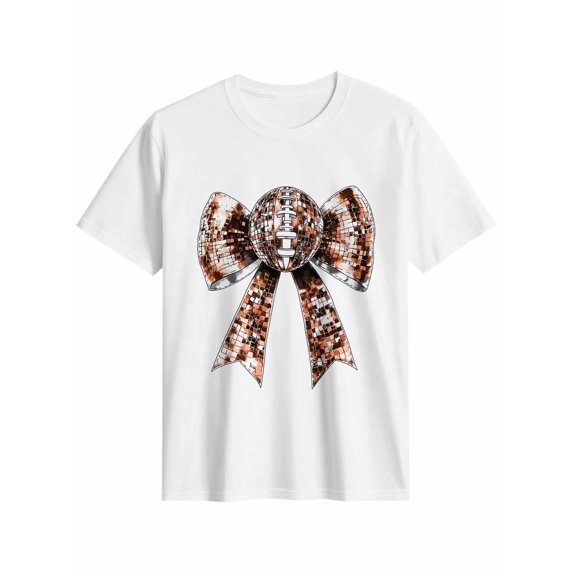 Women's T-Shirt American Football Sparkle Bow Short Sleeve Casual Tee Classic Crew Neck T Shirt for Women White, L