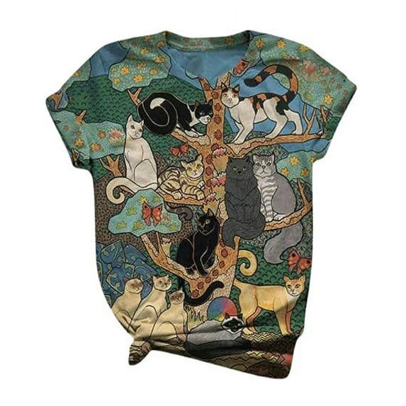 Women's T-Shirt Animal Pattern Print Cat Round Neck Short Sleeves