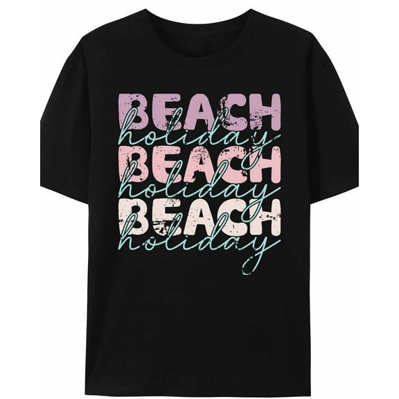 Women's T-Shirt BEACH Holiday Pink Green Simple Art Short Sleeve Casual Tee Classic Crew Neck T Shirt for Women Black, M