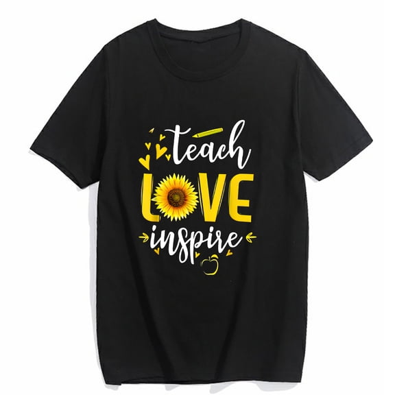 Women's T-Shirt Back to School Teach Love And Inspire Teacher Sunflower Casual Short Sleeve Top Black 2X-Large