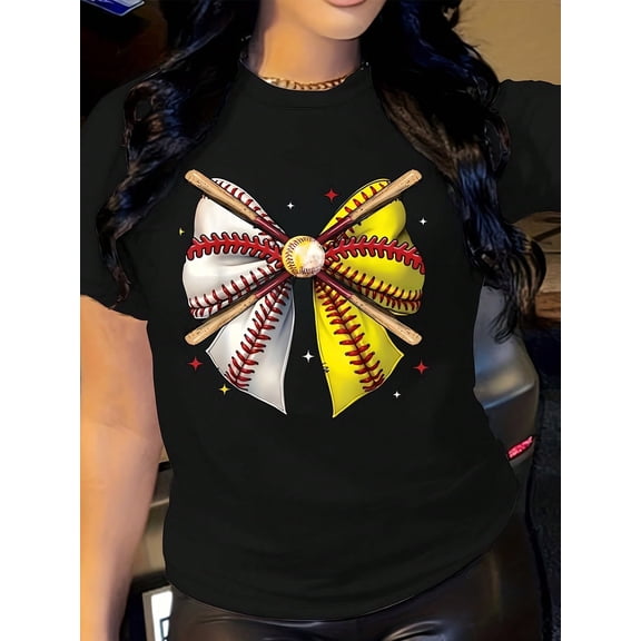 Women's T-Shirt Baseball And Softball With Bats And Stars Pattern Baseball And Softball With Bats And Stars