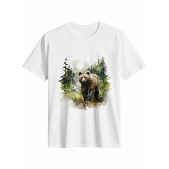 Women's T-Shirt Bear Forest Animal Short Sleeve Casual Tee Classic Crew Neck T Shirt for Women White, M
