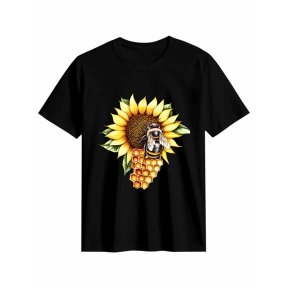 Women's T-Shirt Bee Sunflowers Short Sleeve Casual Tee Classic Crew Neck T Shirt for Women Black, M