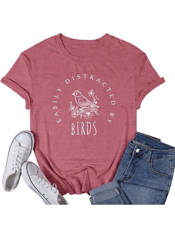 Women's T-Shirt Bird Floral Letter Graphic Crew Neck Short Sleeve Tee Cottagecore Casual Top