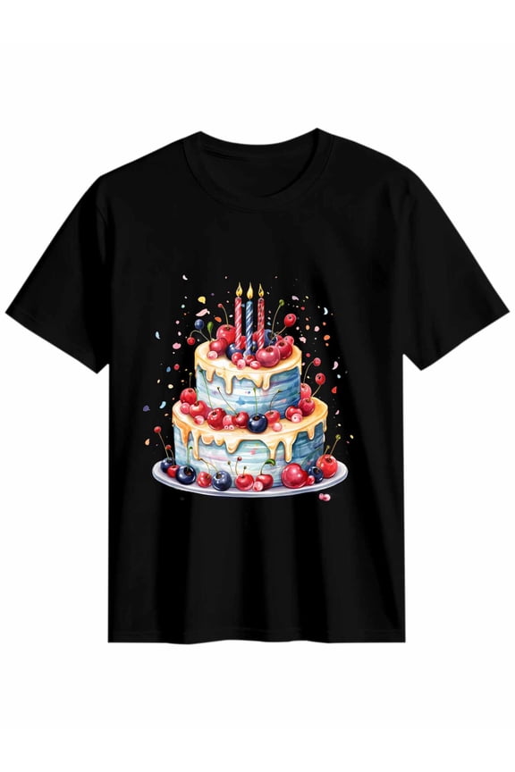 Women's T-Shirt Birthday Cake Short Sleeve Casual Tee Classic Crew Neck T Shirt for Women Black, 3XL