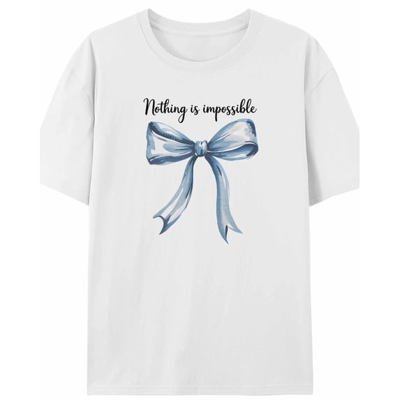 Women's T-Shirt Blue Bow Nothing Is Impossible Short Sleeve Casual Tee Classic Crew Neck T Shirt for Women White, 2XL