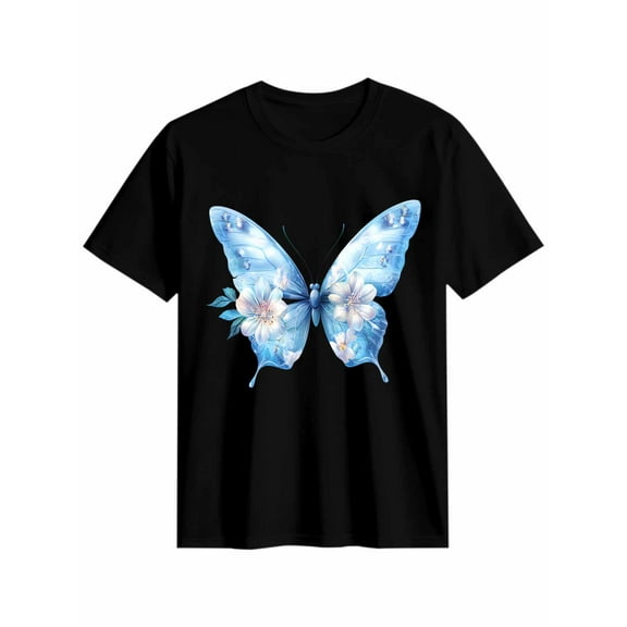 Women's T-Shirt Blue Butterfly Retro Flowers Cartoon Decor Short Sleeve Casual Tee Classic Crew Neck T Shirt for Women Black, M