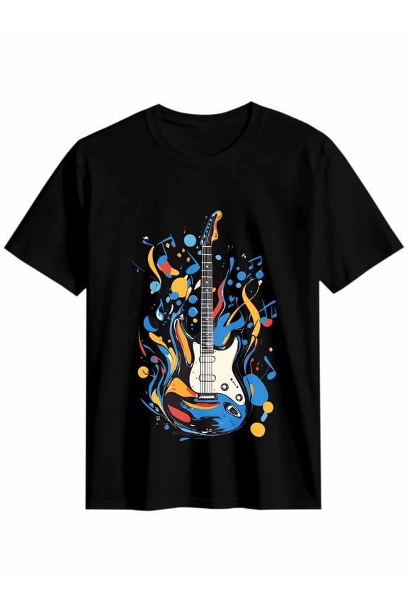 Women's T-Shirt Blue Cartoon Guitar Musical Note Short Sleeve Casual Tee Classic Crew Neck T Shirt for Women Black, 2XL