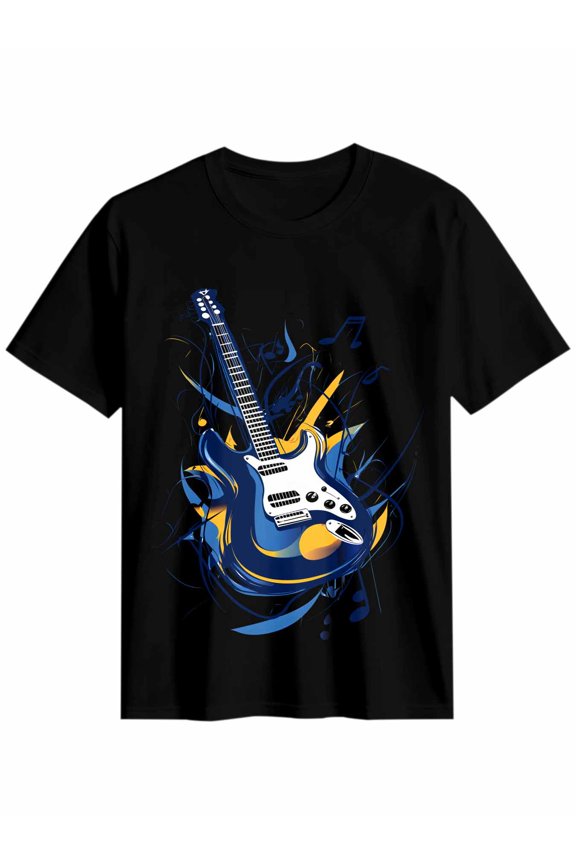 Women's T-Shirt Blue Cartoon Guitar Musical Notes Short Sleeve Casual Tee Classic Crew Neck T Shirt for Women Black, 2XL