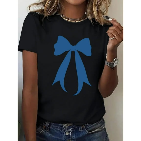 Women's T-Shirt, Blue Floral Graphic Tee, Casual Loose Fit Top, Short Sleeve Round Neck Blouse, Breathable Tops for Women，Classic，cotton，black，S-5XL