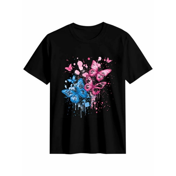 Women's T-Shirt Blue Pink Butterfly Splash Short Sleeve Casual Tee Classic Crew Neck T Shirt for Women Black, L