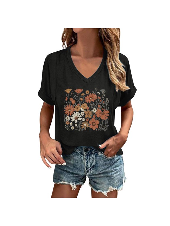 Women's T-Shirt Boho Wildflower Graphic V-Neck Short Sleeve Oversized Tee Cottagecore Casual Top