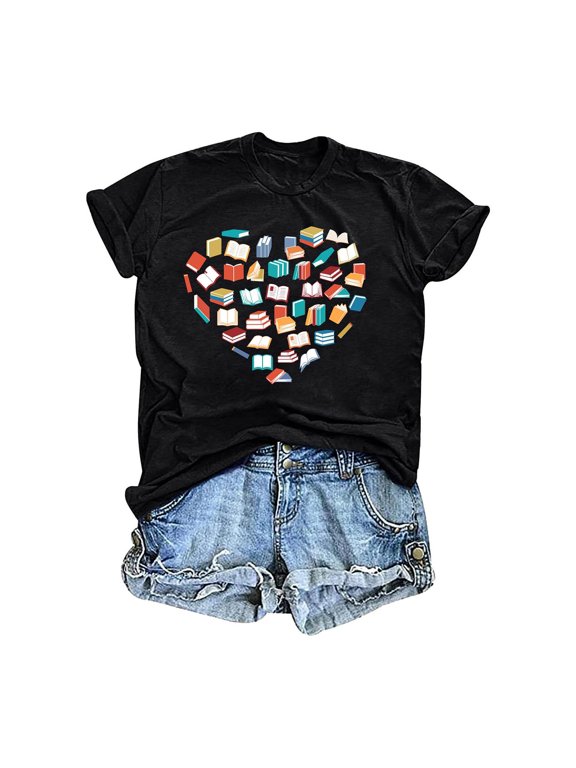 Women's T-Shirt Book Heart Graphic Crew Neck Short Sleeve Tee Cottagecore Casual Top