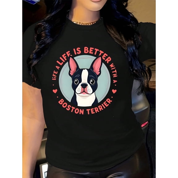 Women's T-Shirt Boston Terrier Dog Face With Hearts And Text Boston Terrier Dog Face With Pink Hearts And Text