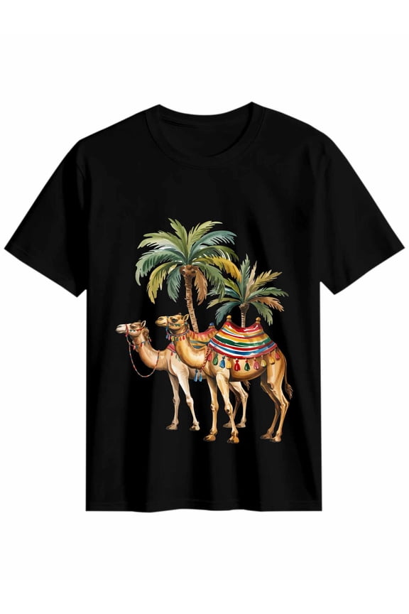 Women's T-Shirt Camels Cute Watercolor Animal in Desert Coconut Tree Short Sleeve Casual Tee Classic Crew Neck T Shirt for Women Black, 2XL
