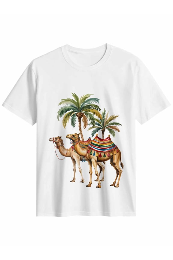 Women's T-Shirt Camels Cute Watercolor Animal in Desert Coconut Tree Short Sleeve Casual Tee Classic Crew Neck T Shirt for Women White, 2XL
