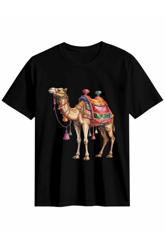 Women's T-Shirt Camels Cute Watercolor Animal in Desert Short Sleeve Casual Tee Classic Crew Neck T Shirt for Women Black, L