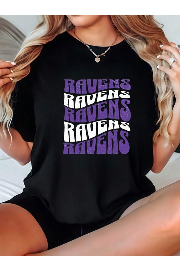Women's T-Shirt Casual Loose Fit Black With RAVENS Text Graphic Print Fashion Top For Daily Wear Camisetas Para Mujer Playeras