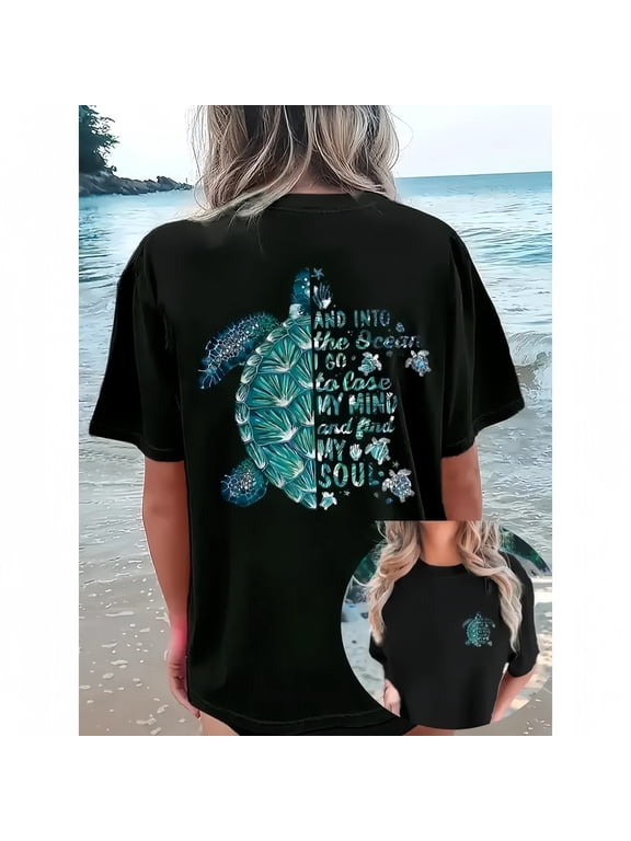 Women's T-Shirt, Casual Oversized Top with Sea Turtle Ocean Print, Soft Short Sleeve for Summer Beach Vacation, Lady, Women's Clothes, T Shirts, Trendy T-Shirts