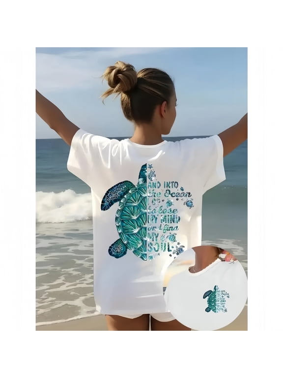 Women's T-Shirt, Casual Oversized Top with Sea Turtle Ocean Print, Soft Short Sleeve for Summer Beach Vacation, Lady, Women's Clothes, T Shirts, Trendy T-Shirts