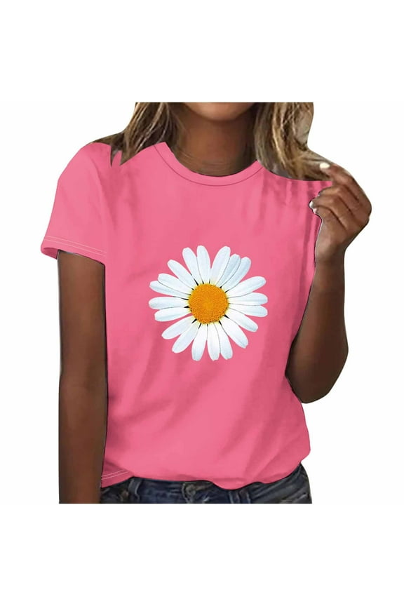 Women's T-Shirt Casual Short Sleeve Print Round Neck Loose Fit Top Blouse Fashion Apparel Clothing for Women Ladies Female Adult Comfortable Wear Design Garment Wardrobe Essential