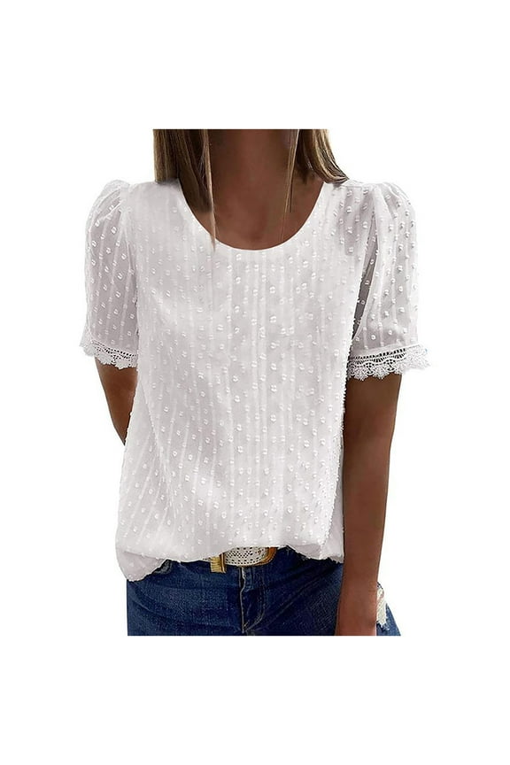 Women's T-Shirt Casual Short Sleeve Solid Round Neck Lace Detail Top Blouse Fashion Apparel Clothing for Women Ladies Female Adult Contemporary Style Modern Trendy Design Wear Shirt Garment