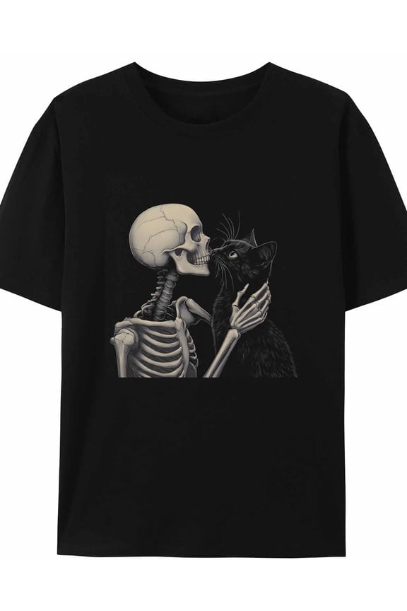 Women's T-Shirt Cat Hug Skull Short Sleeve Casual Tee Classic Crew Neck T Shirt for Women Black, XL