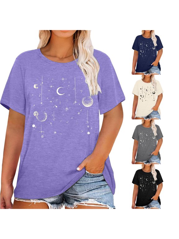 Women's T-Shirt Celestial Moon Star Planet Graphic Crew Neck Short Sleeve Graphic Tees Boho Festival Casual Top