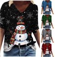 thumbnail image 1 of Women's T-Shirt Christmas Snowman Snowflake Graphic V-Neck Short Sleeve Tee Holiday Festival Top, 1 of 4