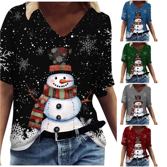 Women's T-Shirt Christmas Snowman Snowflake Graphic V-Neck Short Sleeve Tee Holiday Festival Top
