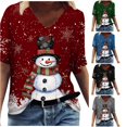 thumbnail image 1 of Women's T-Shirt Christmas Snowman Snowflake Graphic V-Neck Short Sleeve Tee Holiday Festival Top, 1 of 4