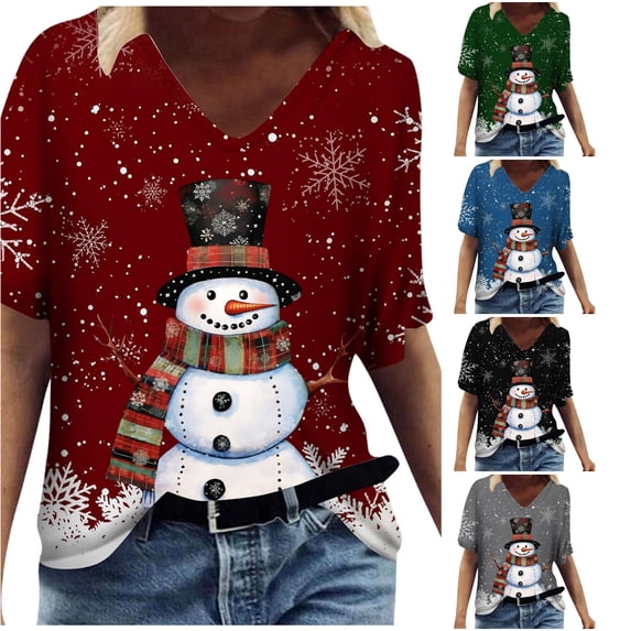 Women's T-Shirt Christmas Snowman Snowflake Graphic V-Neck Short Sleeve Tee Holiday Festival Top