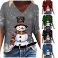 thumbnail image 1 of Women's T-Shirt Christmas Snowman Snowflake Graphic V-Neck Short Sleeve Tee Holiday Festival Top, 1 of 4