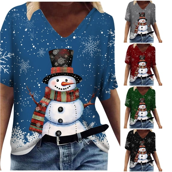 Women's T-Shirt Christmas Snowman Snowflake Graphic V-Neck Short Sleeve Tee Holiday Festival Top