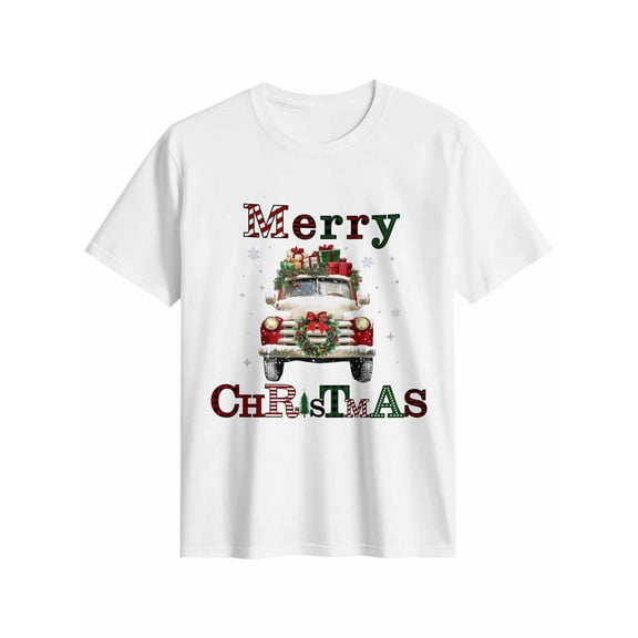 Women's T-Shirt Christmas Truck Wreath Snowflake Short Sleeve Casual Tee Classic Crew Neck T Shirt for Women White, M