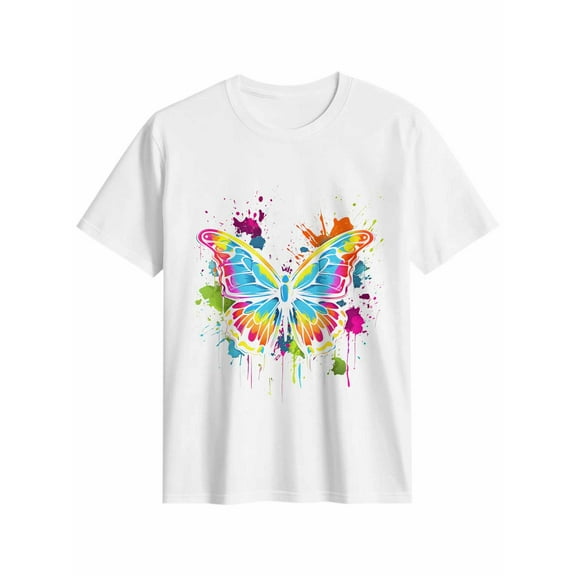 Women's T-Shirt Colored Butterfly Abstract Animal Short Sleeve Casual Tee Classic Crew Neck T Shirt for Women White, 3XL