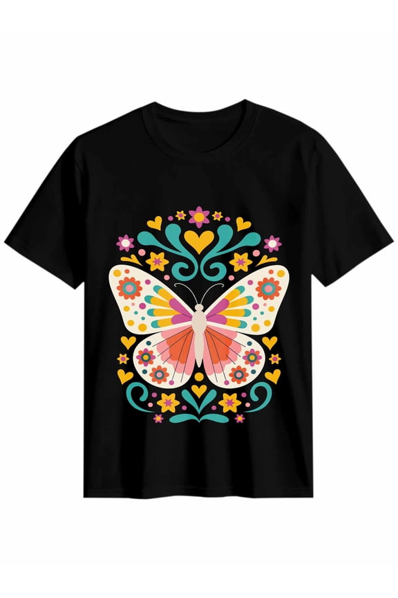 Women's T-Shirt Colorful Butterfly Abstract Mexican Flower Short Sleeve Casual Tee Classic Crew Neck T Shirt for Women Black, XL