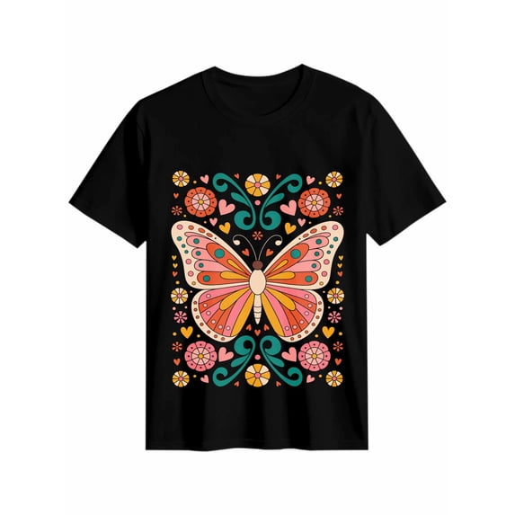 Women's T-Shirt Colorful Butterfly Abstract Mexican Flowers Short Sleeve Casual Tee Classic Crew Neck T Shirt for Women Black, 2XL