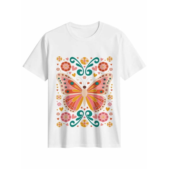 Women's T-Shirt Colorful Butterfly Abstract Mexican Flowers Short Sleeve Casual Tee Classic Crew Neck T Shirt for Women White, 4XL