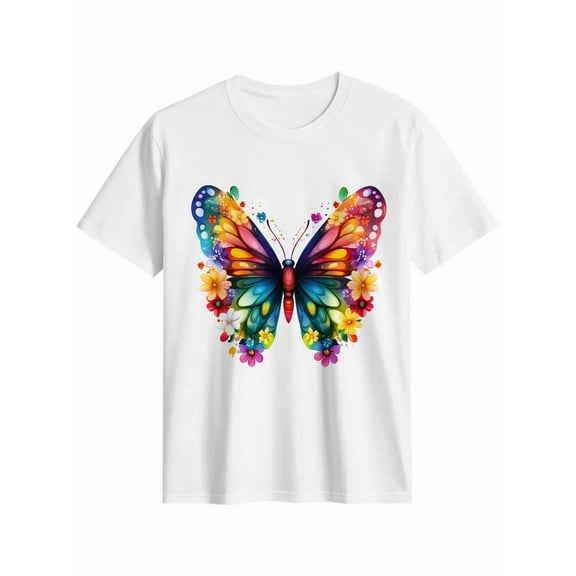 Women's T-Shirt Colorful Butterfly Cartoon Short Sleeve Casual Tee Classic Crew Neck T Shirt for Women White, 3XL