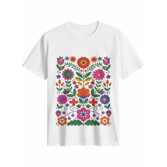 Women's T-Shirt Colorful Flora Mexican Flowers Leaf Short Sleeve Casual Tee Classic Crew Neck T Shirt for Women White, 3XL