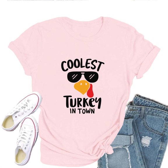 Women's T-Shirt Coolest Turkey In Town Tee Funny Graphic Thanksgiving T-Shirt Soft Cotton Casual Short Sleeve Top