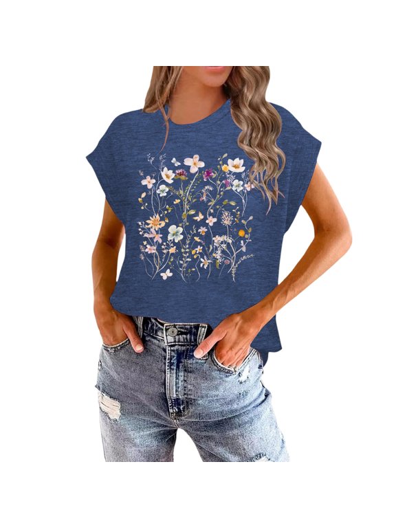 Women's T-Shirt Cottagecore Wild Floral Print Crew Neck Cap Short Sleeve Tee Streetwear Casual Top