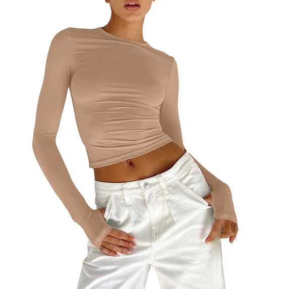 Women's T-Shirt Crewneck Long Sleeve Double-Lined Side Ruched Crop Casual Top - Pink/Hot Pink/Purple/Blue/Dark Blue/Grey/Beige/Red/Orange/Khaki/Green/Brown - S/M/L | Yubnlvae (Khaki | M)