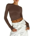 thumbnail image 1 of Women's T-Shirt Crewneck Long Sleeve Double-Lined Side Ruched Crop Casual Top - Pink/Hot Pink/Purple/Blue/Dark Blue/Grey/Beige/Red/Orange/Khaki/Green/Brown - S/M/L | Yubnlvae (Brown | L), 1 of 9