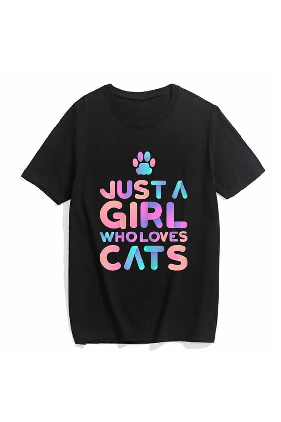 Women's T-Shirt Cute Cat Lover Just A Girl Who Loves Cats Print Casual Short Sleeve Tops Black 2X-Large