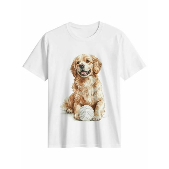 Women's T-Shirt Cute Dog with Yarn Ball Short Sleeve Casual Tee Classic Crew Neck T Shirt for Women White, L