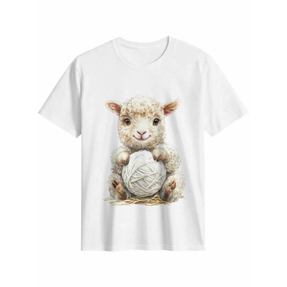 Women's T-Shirt Cute Sheep with Yarn Ball Short Sleeve Casual Tee Classic Crew Neck T Shirt for Women White, M