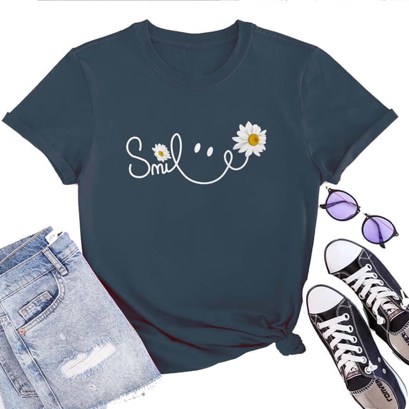 Women's T-Shirt Daisy Smile Face Tee Funny Graphic T-Shirt Soft Cotton Casual Short Sleeve Top